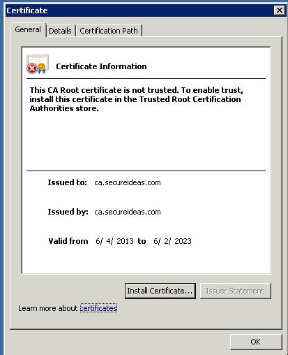 Windows certificate viewer showing the imported CA certificate details