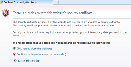 Browser certificate warning message showing an untrusted connection