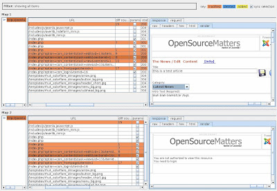 Burp Suite site map comparison showing the same page loaded under two different user contexts with differences highlighted in orange