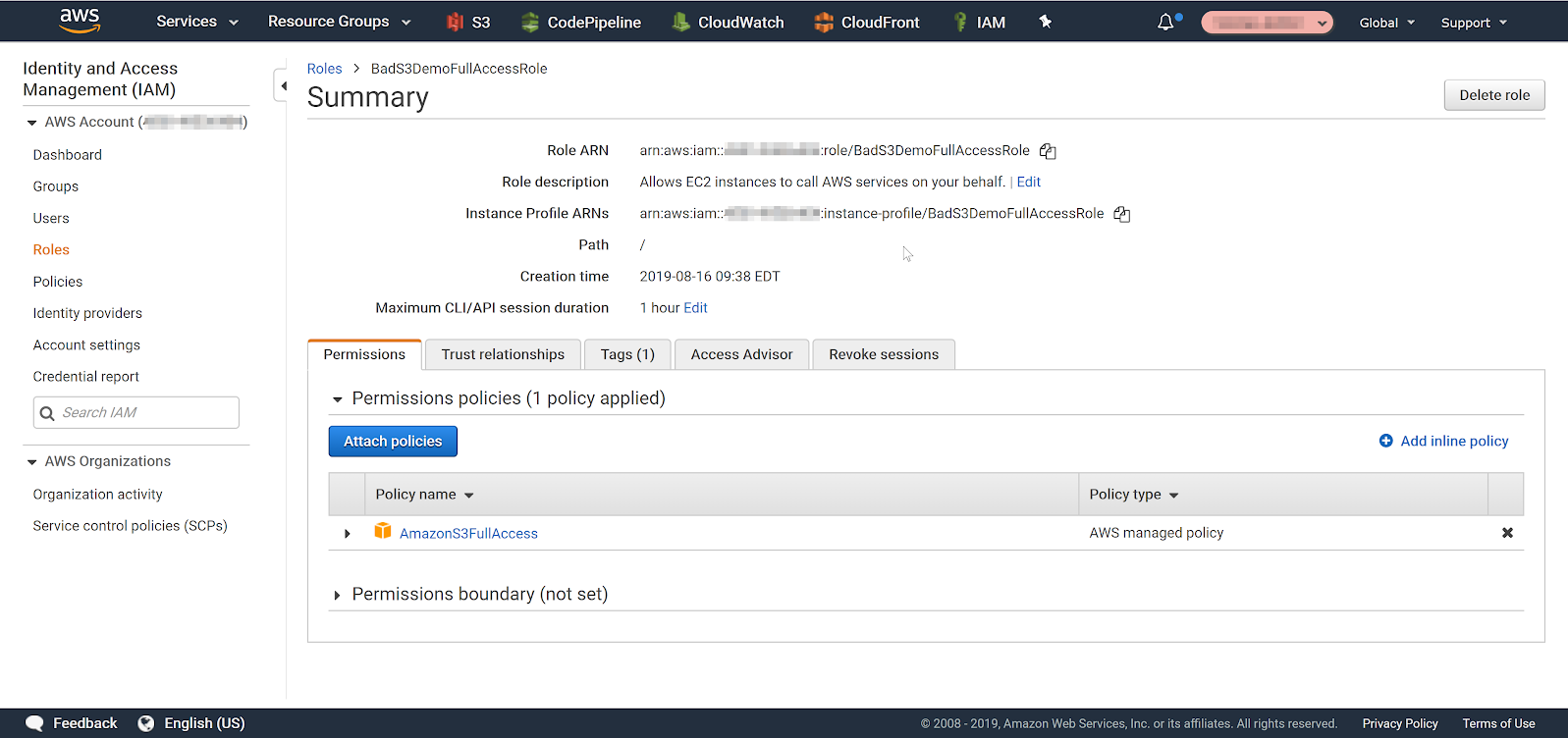 AWS console showing EC2 role with FullS3Policy attached