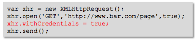 Code snippet showing XMLHttpRequest with withCredentials flag set to true