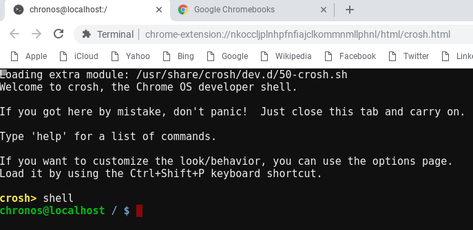 Crosh terminal window showing the shell command loaded