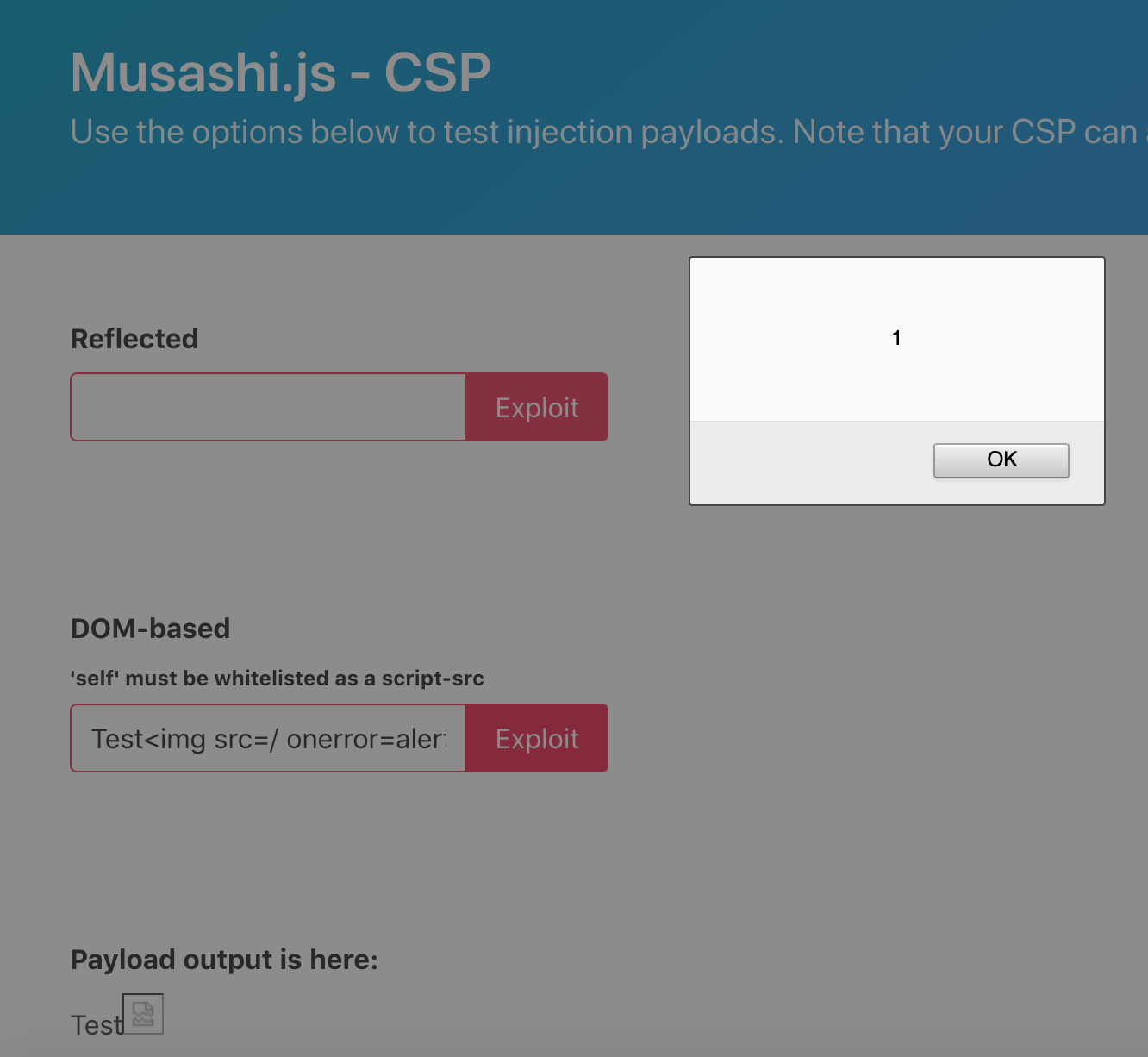 Musashi CSP demonstrator showing a blocked inline script popup with the CSP violation message