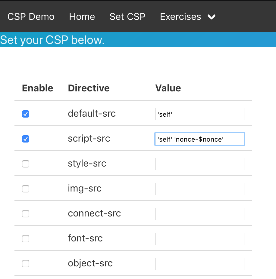Musashi CSP demonstrator settings page showing configurable Content-Security-Policy directives