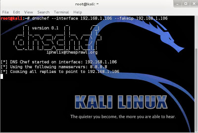 dnschef running in terminal with interface and fakeip parameters