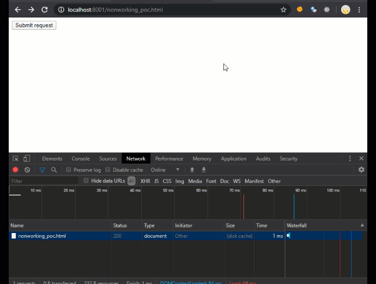 Animated demo showing the CSRF attack failing with a 403 response because SameSite blocks the cookie