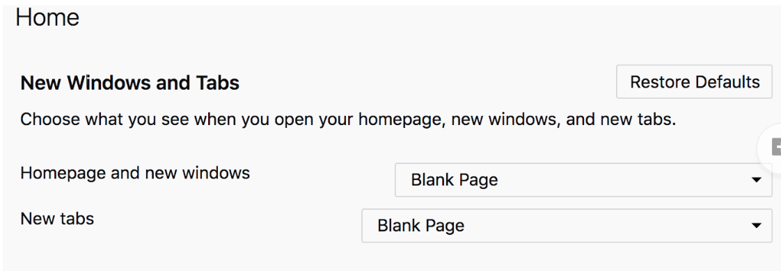 Firefox Home settings showing Blank Page configuration