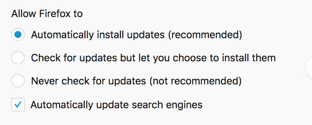 Firefox update settings
