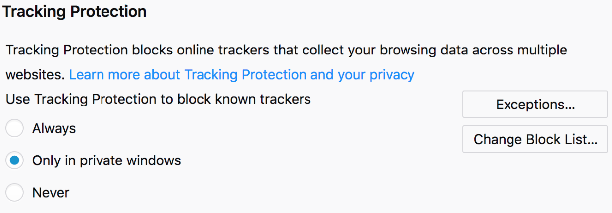 Firefox tracking protection settings