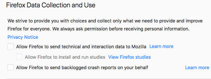 Firefox data collection settings