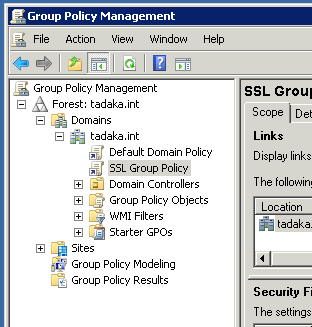 Group Policy Management console showing the SSL Group Policy GPO in the domain root
