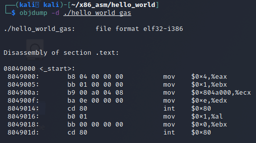 Objdump output of our original Hello World GAS program.