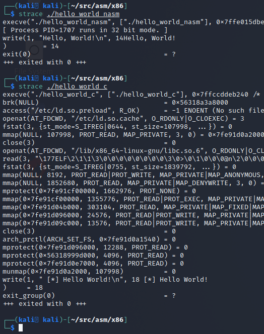 comparing strace output of our NASM and C Hello World applications