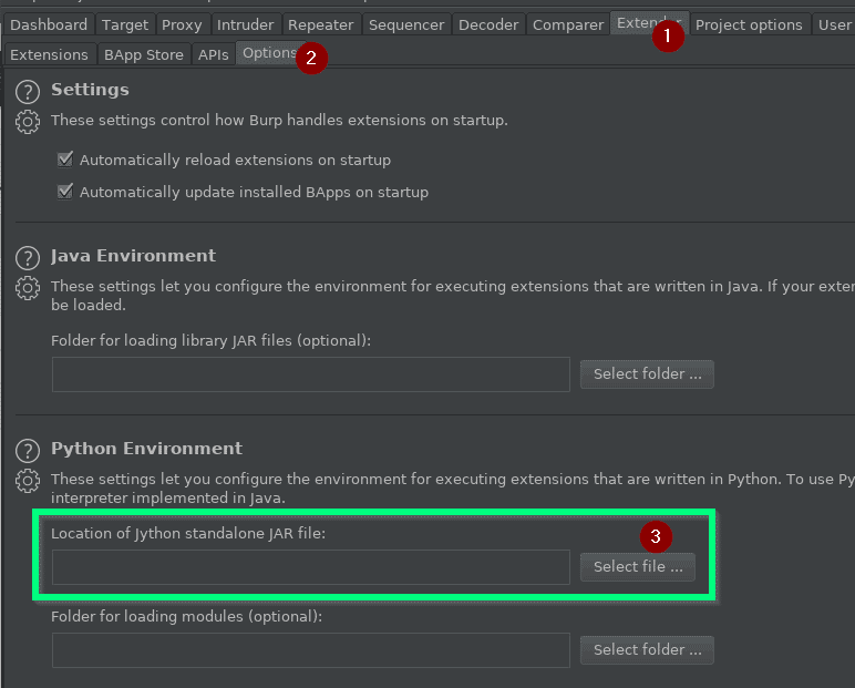 Burp Suite Extender Options tab showing the Jython standalone JAR location configuration