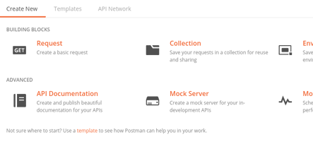 Postman Create New dialog showing options for Request, Collection, and Environment