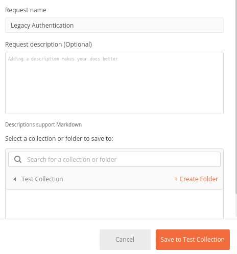 Postman Save Request dialog showing the request name and Test Collection selected