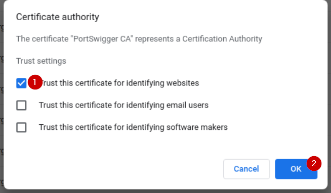 Chrome trust dialog with Trust this certificate for identifying websites checked