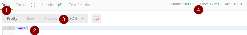 Postman response pane showing the response body, headers, cookies, status code, and timing metrics