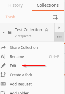 Postman collection context menu showing the Edit option for accessing collection variables