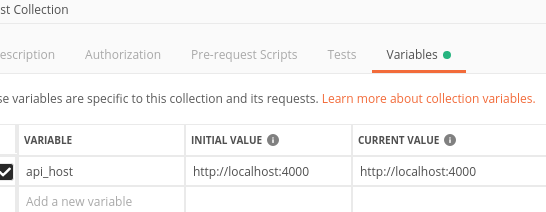 Postman collection variable editing interface showing Variable, Initial Value, and Current Value columns