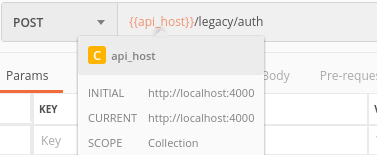 Postman request URL field showing the api_host variable placeholder in double curly braces