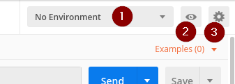 Postman environment variable interface showing the selector dropdown, quick-look button, and manage environments button
