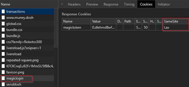 Browser dev tools showing the magictoken cookie with SameSite=Lax flag set
