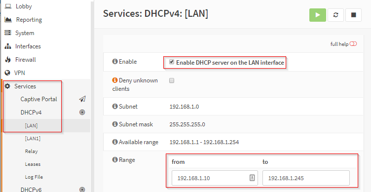 OPNsense DHCP configuration showing the allowed IP range for LAN