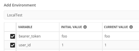 Postman environment variable dialog showing LocalTest environment with bearer_token and user_id variables