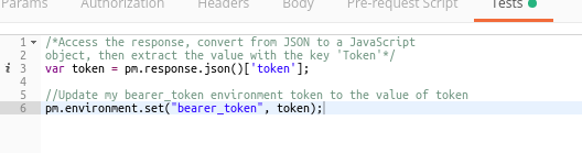Postman Tests tab showing JavaScript to extract the bearer token from the response and set it as an environment variable
