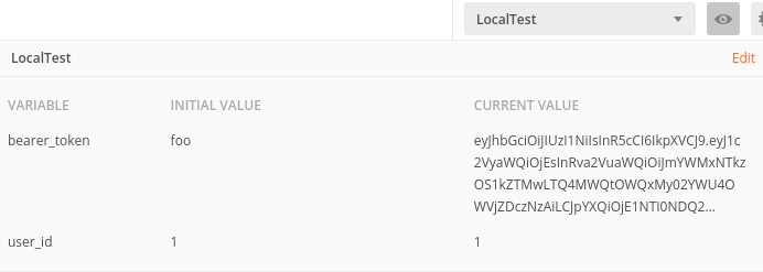 Postman Quick Look showing the bearer_token current value automatically updated with the token from the response