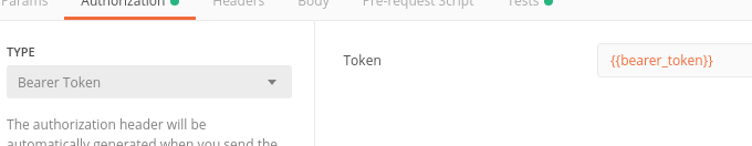 Postman Authorization tab set to Bearer Token type with the bearer_token variable referenced