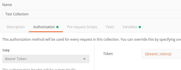 Postman collection-level Authorization tab set to Bearer Token with the bearer_token variable, inherited by all requests
