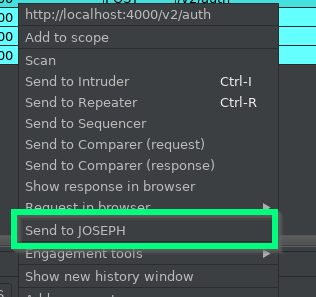 Burp Suite proxy history showing JWT-highlighted entries and the new JOSEPH context menu options