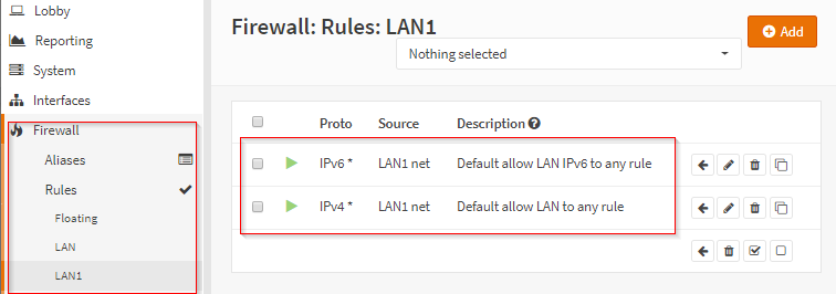 OPNsense firewall rules for LAN1 allowing all outbound traffic