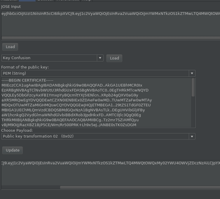 JOSEPH manual tab showing the key confusion attack configuration with public key input
