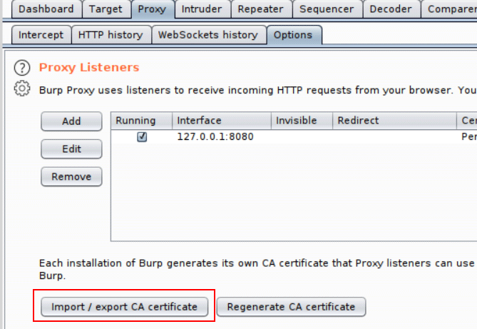 Burp Suite Proxy Options tab showing the Import/export CA certificate button