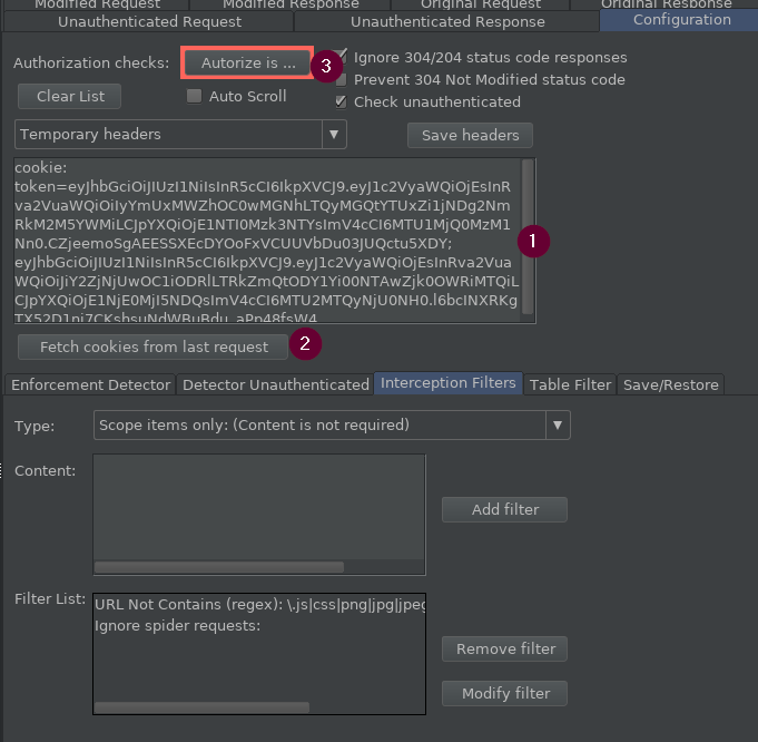 Autorize tab showing the header replacement text box, cookie fetch button, and toggle button