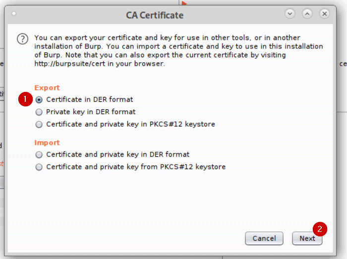 Burp Suite export dialog showing Certificate in DER format selected