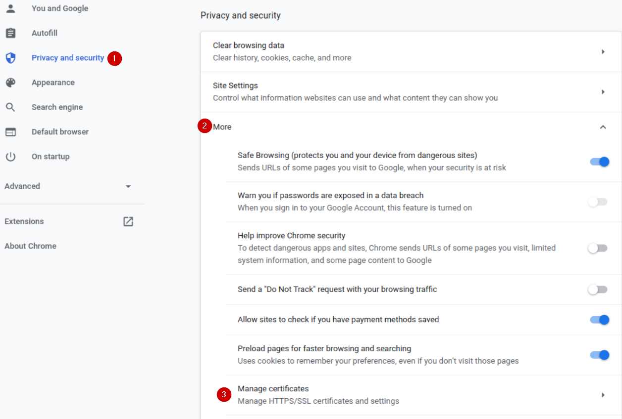 Chrome Privacy and security settings showing the Manage certificates option