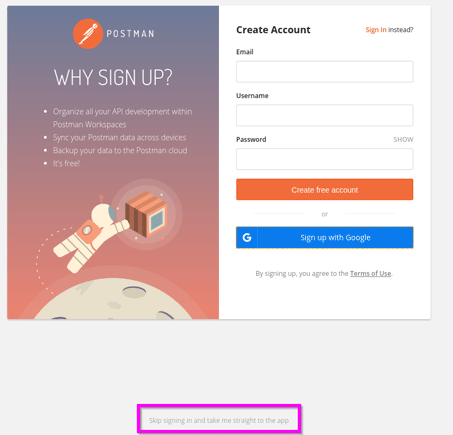 Postman initial screen showing the option to skip signing in at the bottom of the window