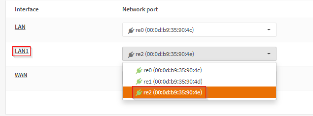 OPNsense interface showing the ethernet adapter assigned to LAN1
