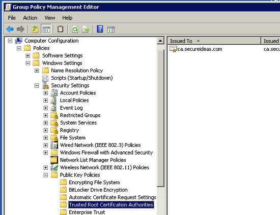 Group Policy Management Editor showing the imported CA certificate under Trusted Root Certification Authorities