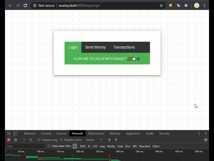 Animated demo showing normal usage of the muney.dosh app logging in and sending money
