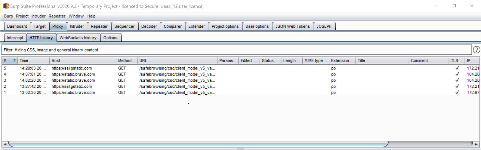Burp Suite proxy history showing only 5 requests generated by Brave after two hours