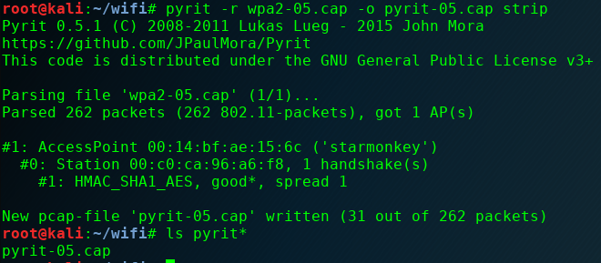 Pyrit strip command output showing handshake packets extracted from capture