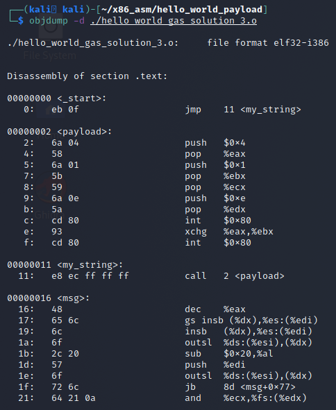 object dump of the object file compiled with gas that hasn't been linked yet to show our payload and the sections.