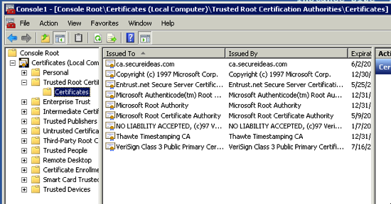 Certificates MMC showing the CA certificate successfully replicated to the Trusted Root Certification Authorities store
